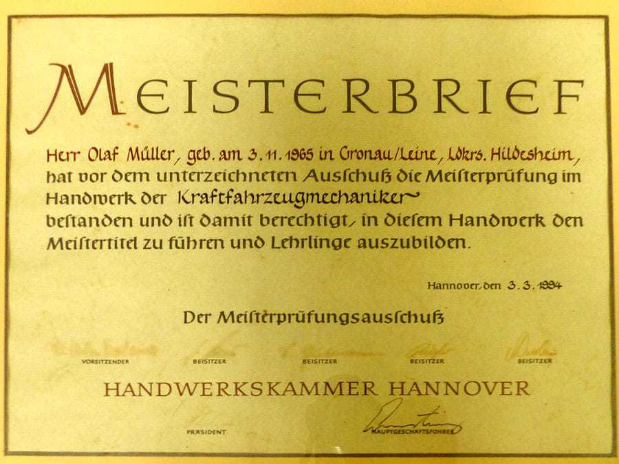 Meisterbrief Olaf Müller Kraftfahrzeugmechaniker